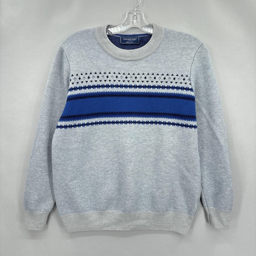 Vineyard Vines Sweater Womens Large Gray Blue Merino Wool Fair‎ Isle Crewneck